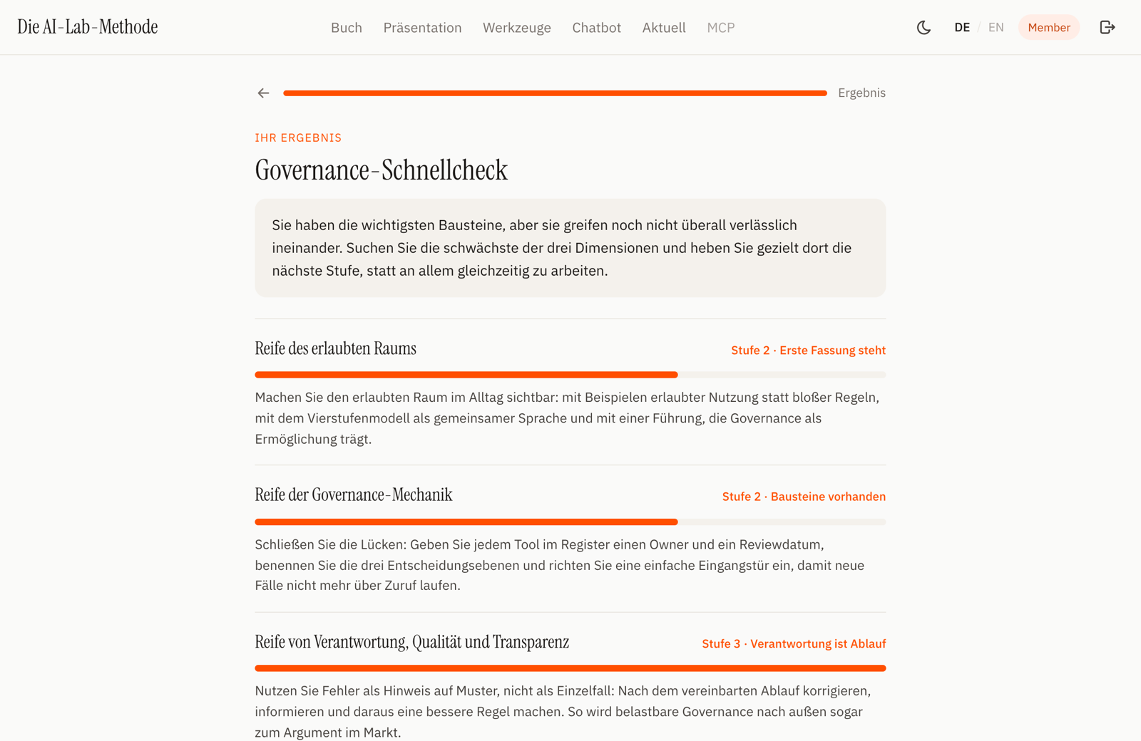 Selbstchecks mit Auswertung: das Ergebnis mit Empfehlung je Dimension.